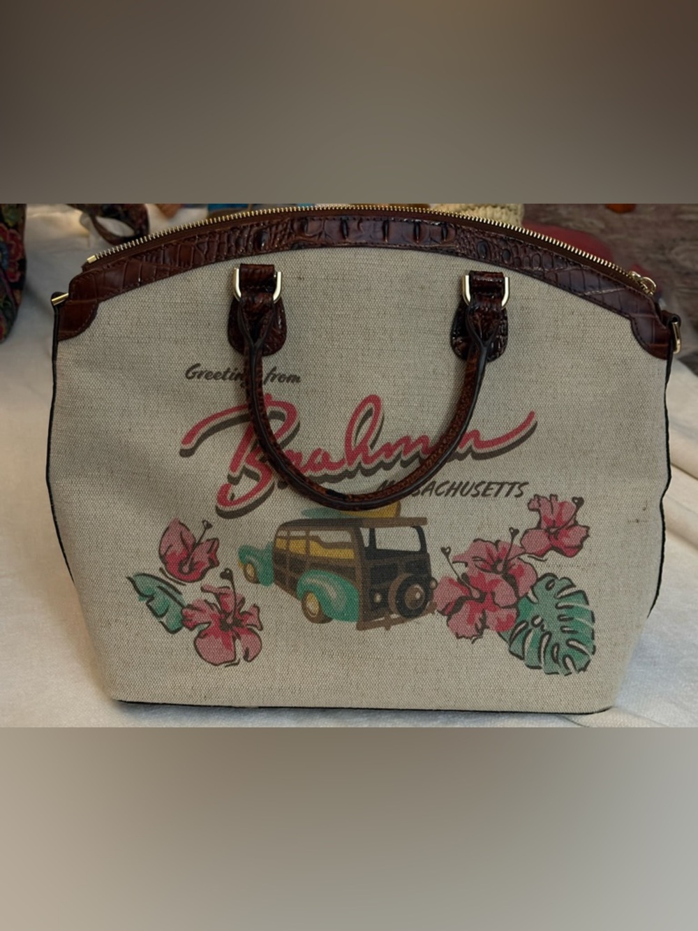 Brahmin Canvas Tote with Brown Leather Trim and Pink/Teal Floral Print